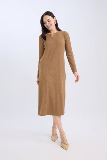 Bisiklet Yaka Basic Düz Bürümcük Uzun Kollu Maxi Elbise