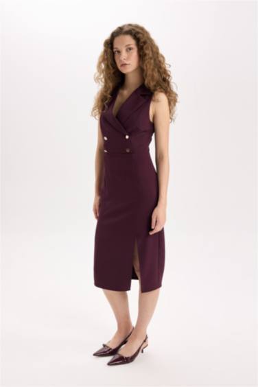 Straight Fit Kruvaze Yaka Düğmeli Yırtmaçlı Kolsuz Midi Elbise