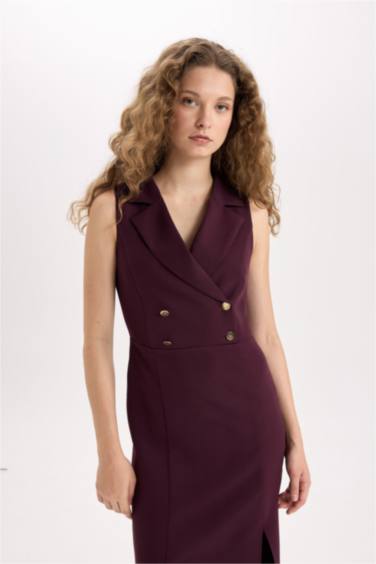 Straight Fit Kruvaze Yaka Düğmeli Yırtmaçlı Kolsuz Midi Elbise