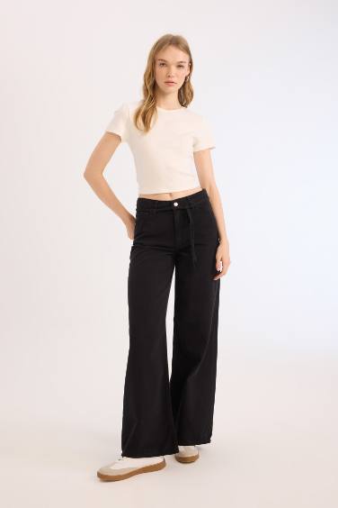 Wide Leg High Waist Gabardine Trousers