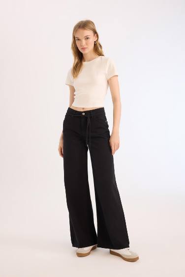 Wide Leg High Waist Gabardine Trousers
