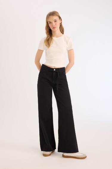 Wide Leg High Waist Gabardine Trousers