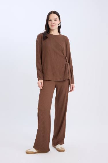 تيشيرت كم طويل القماش المنسوج قصة عادية برقبة مستديرة