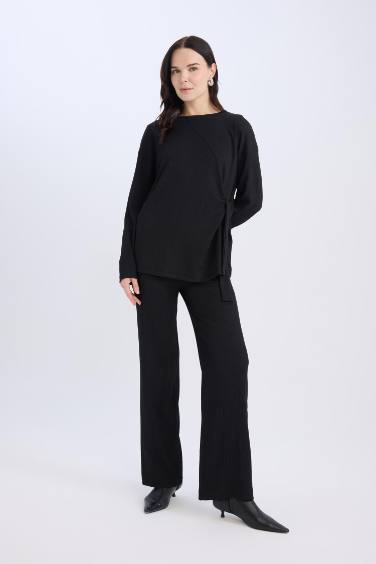 Regular Fit Bisiklet Yaka Basic Düz Bürümcük Uzun Kollu Tişört