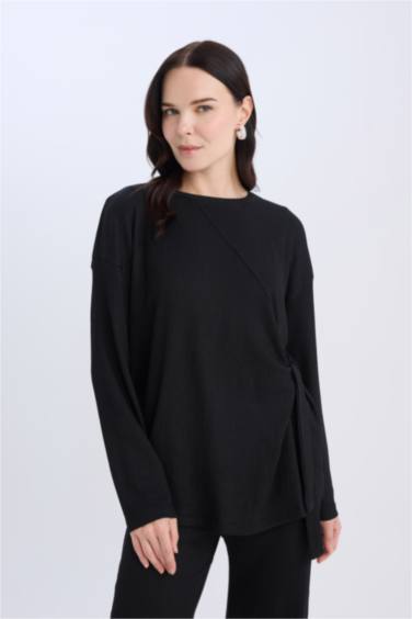 Regular Fit Bisiklet Yaka Basic Düz Bürümcük Uzun Kollu Tişört