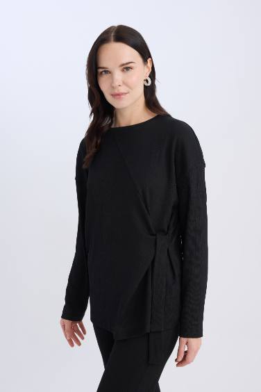 Regular Fit Bisiklet Yaka Basic Düz Bürümcük Uzun Kollu Tişört