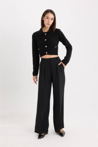 Crop Gömlek Yaka Düğmeli Triko Hırka