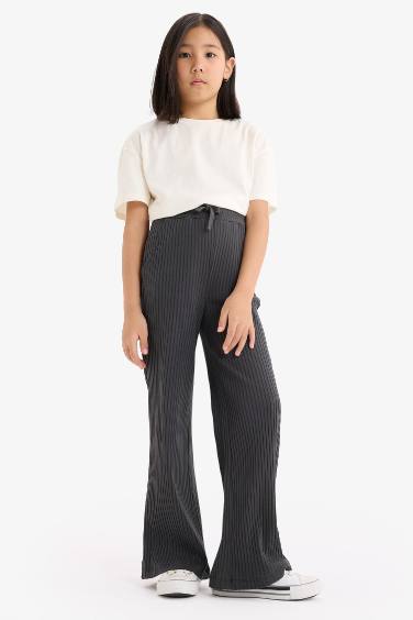 Girl Elastic Waist Ribbed Wide Leg Trousers