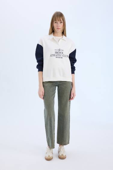 Oversize Geniş Kalıp Polo Yaka Baskılı Kalın Sweatshirt