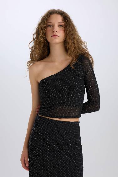 Slim Fit One Shoulder Tulle Long Sleeve T-Shirt