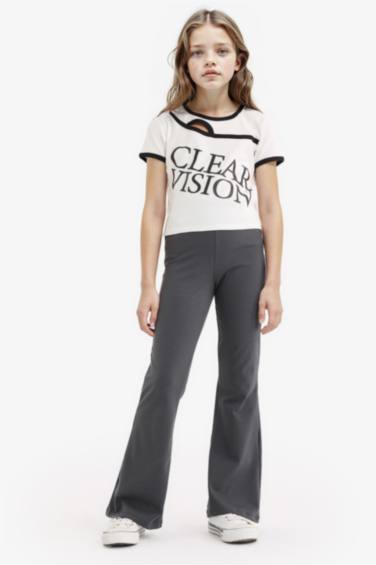 Girl Slim Fit Crew Neck Slogan Printed Corduroy T-Shirt