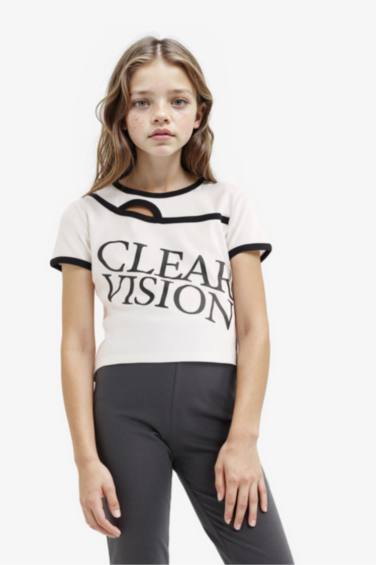 Girl Slim Fit Crew Neck Slogan Printed Corduroy T-Shirt