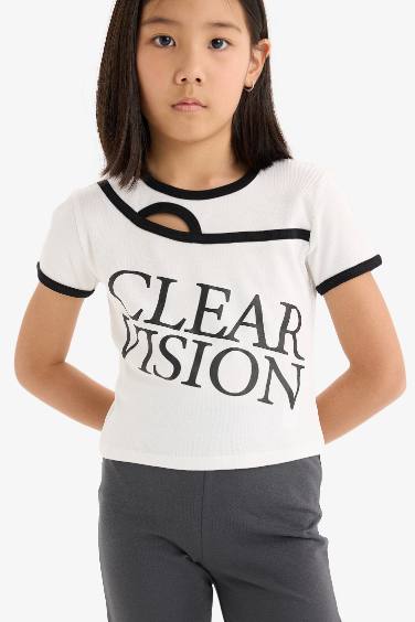 Girl Slim Fit Crew Neck Slogan Printed Corduroy T-Shirt