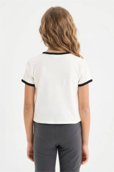 Girl Slim Fit Crew Neck Slogan Printed Corduroy T-Shirt