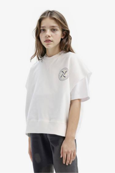 سويت شيرت بناتي بطبعة شعار اوفر سايز بياخة مستديرة