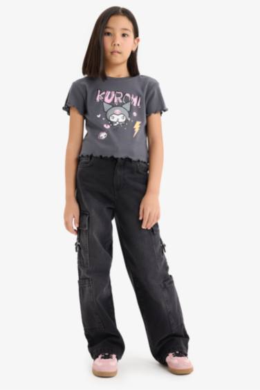 Girl Kuromi Crew Neck Ribbed Crop T-shirt