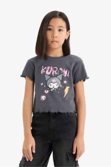 Girl Kuromi Crew Neck Ribbed Crop T-shirt