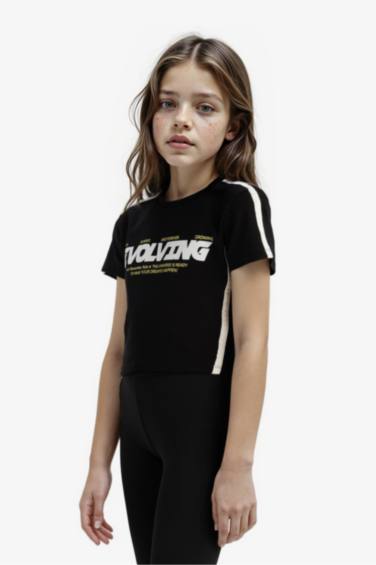 Girl Slim Fit Slogan Printed Corduroy T-Shirt