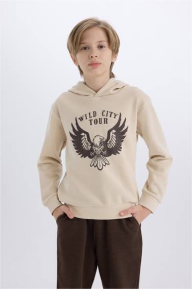 Boy Hooded Printed Thick Sweatshirt Sweatpants 2 Piece Set