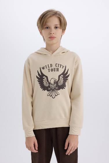 Boy Hooded Printed Thick Sweatshirt Sweatpants 2 Piece Set