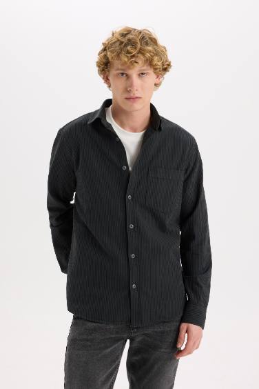 Regular Fit Çizgili Pamuklu Uzun Kollu Gömlek