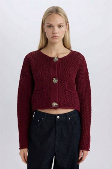 Relax Fit Bisiklet Yaka Düğmeli Örgü Desenli Triko Hırka