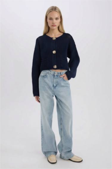 Relax Fit Bisiklet Yaka Düğmeli Örgü Desenli Triko Hırka