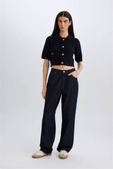 Crop Shirt Collar Cardigan