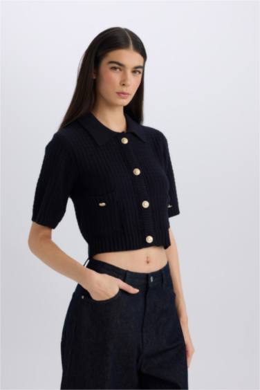 Crop Shirt Collar Cardigan