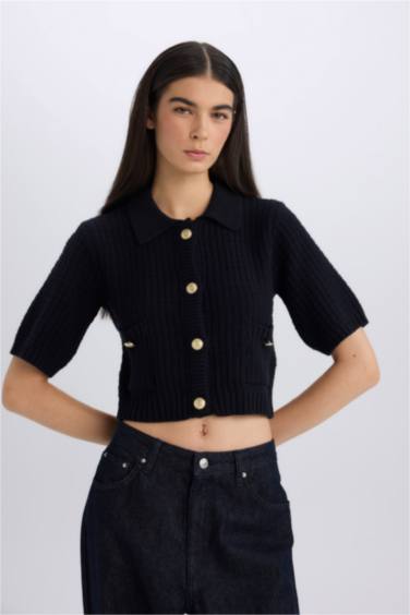 Crop Shirt Collar Cardigan