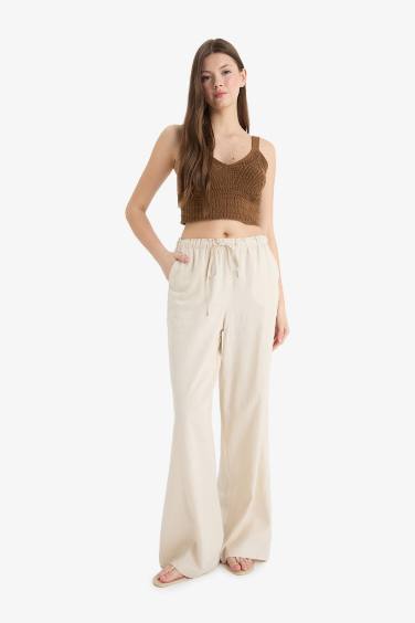Wide Leg Çift Cepli Beli Lastikli Standart Boy Keten Karışımlı Pantolon