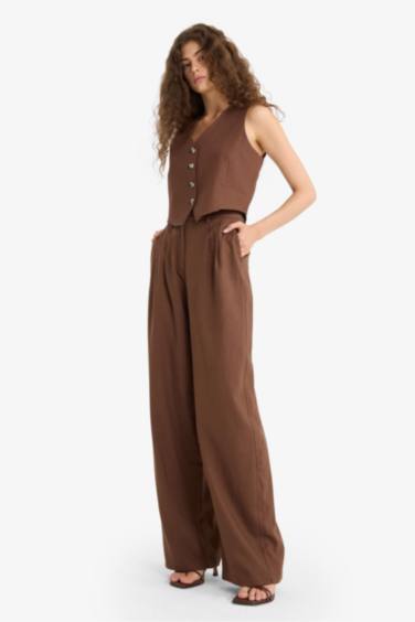 Wide Leg Double Pocket Linen Blended Trousers