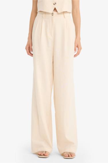 High Waist Standard Length Linen Blend Wide Leg Trousers