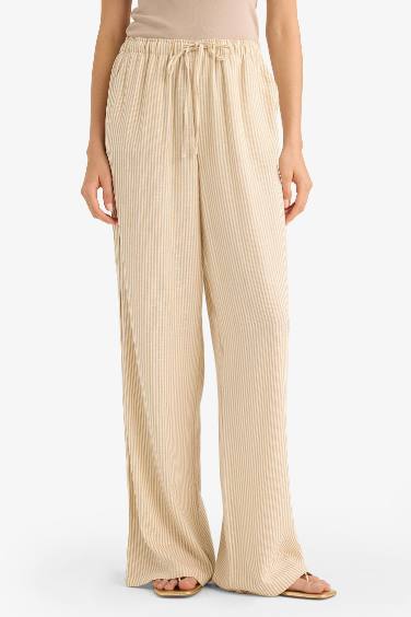 Wide Leg Double Pocket Striped Linen Blended Trousers