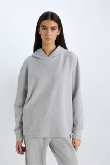 Relax Fit Kapüşonlu Basic Düz Sweatshirt