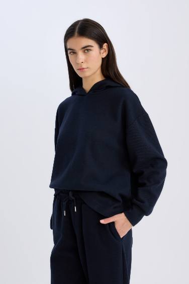 Relax Fit Kapüşonlu Basic Düz Sweatshirt