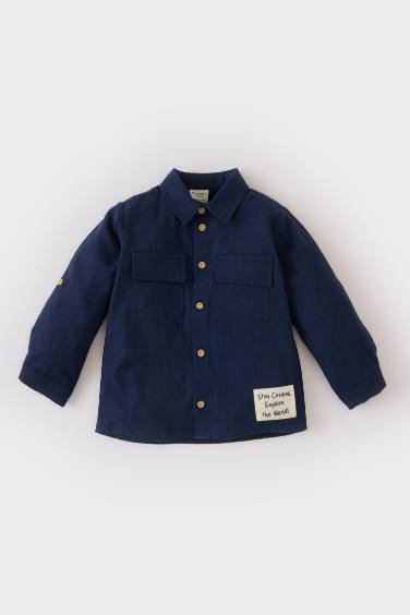 Baby Boy Crew Neck Flam Poplin Long Sleeve Shirt