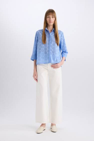 قميص كم طويل تطريز قصة عادية بياقة قميص