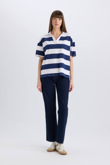 تيشيرت بولو مخطط نص كم قصة مريحة