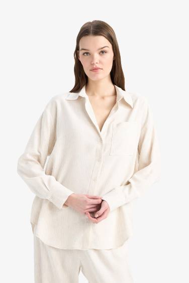 Oversize Geniş Kalıp Keten Karışımlı Uzun Kollu Gömlek