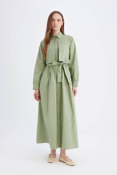 Shirt Collar Belted Buttoned Poplin Midi Dress