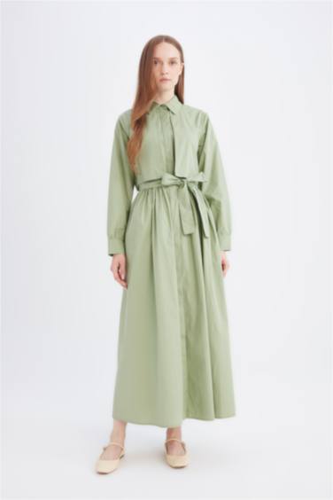 Shirt Collar Belted Buttoned Poplin Midi Dress