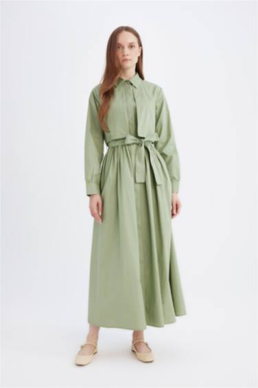 Shirt Collar Belted Buttoned Poplin Midi Dress