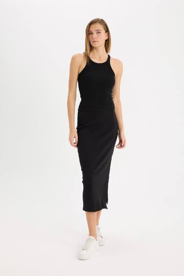 Fitted Vücudu Saran Yırtmaçlı Basic Düz Fitilli Kaşkorse Siyah Midi Etek