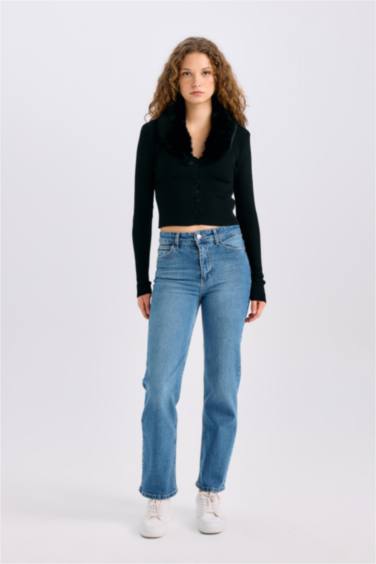 Pull cardigan en tricot slim à col V en fausse fourrure