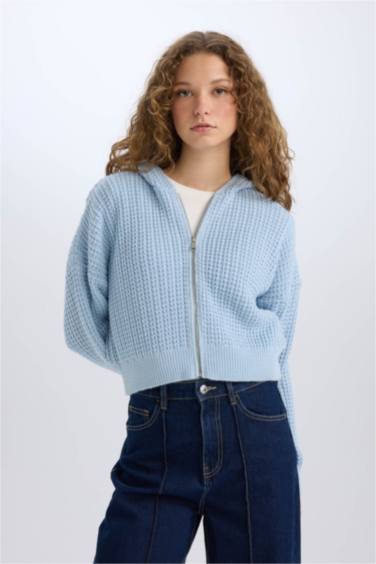 Regular Fit Kapüşonlu Fermuarlı Triko Hırka