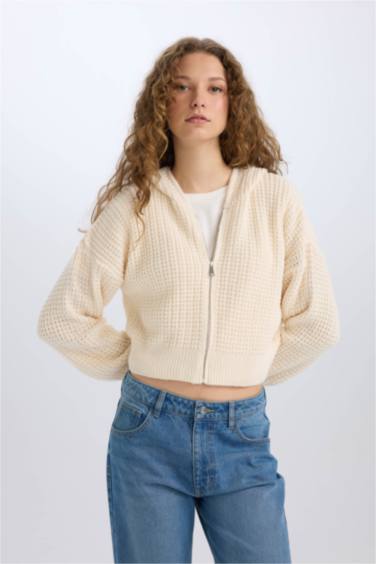 Regular Fit Kapüşonlu Fermuarlı Triko Hırka