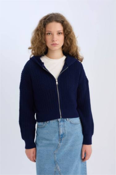 Regular Fit Kapüşonlu Fermuarlı Triko Hırka