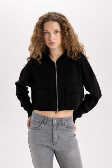 Regular Fit Kapüşonlu Basic Düz Fermuarlı Triko Hırka