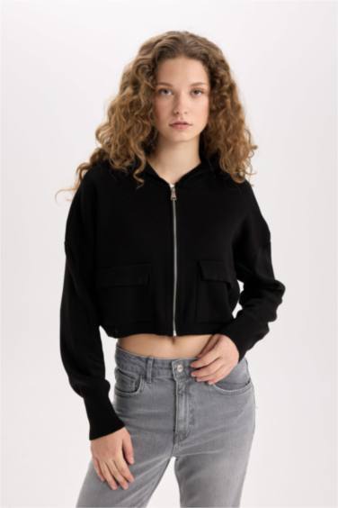 Regular Fit Kapüşonlu Basic Düz Fermuarlı Triko Hırka